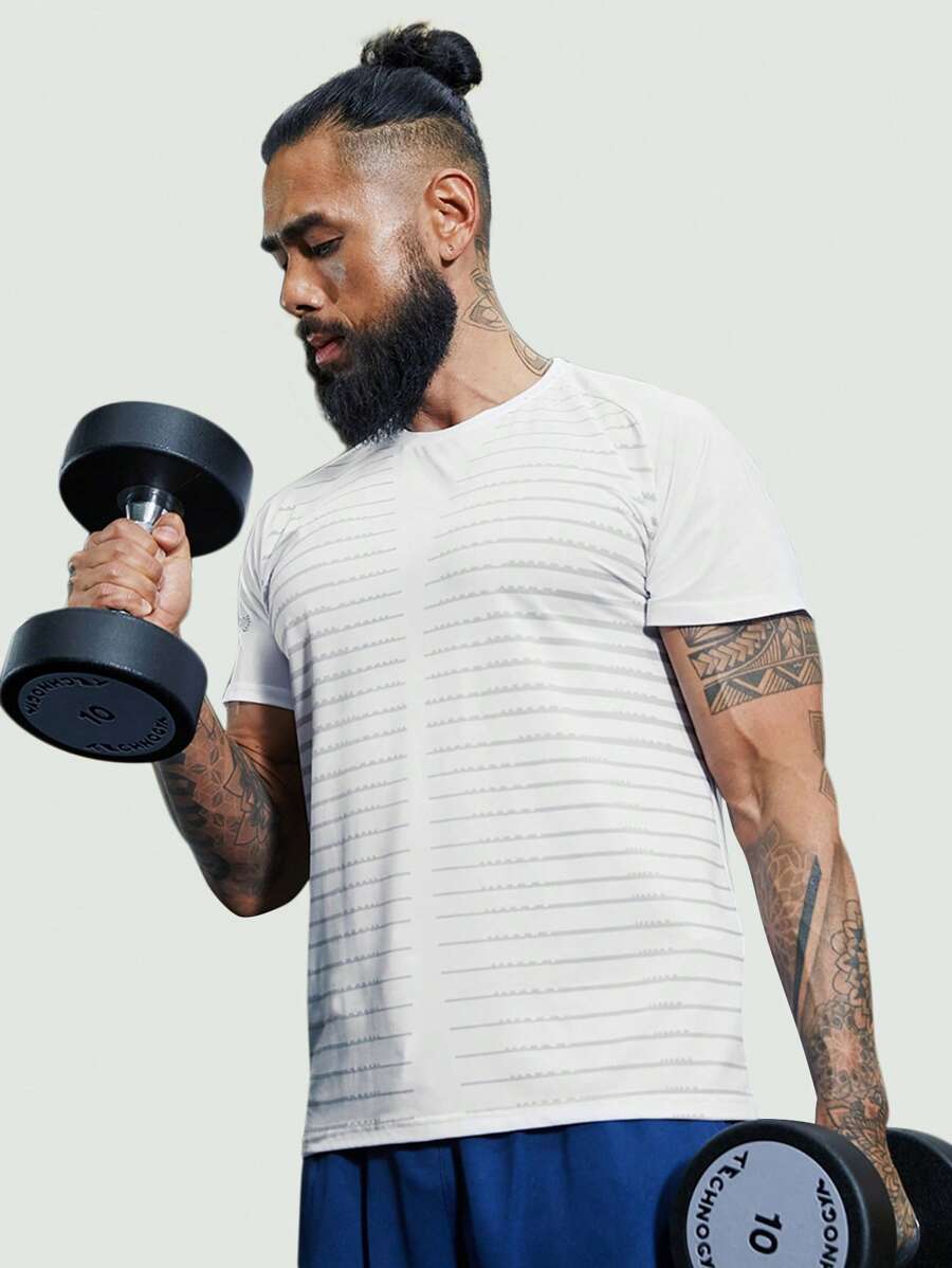 Manfinity Sport Corelite Men Striped Print Sports Tee Workout Tops - White - View 1