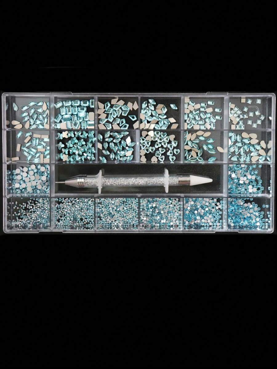 21 Compartment Nail Art Box Set With Lake Blue Flat Bottom Irregular ...