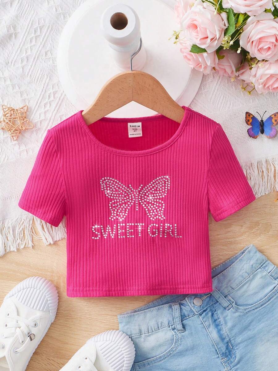SHEIN 小女童蝴蝶和字母水鑽細節條紋針織T恤 - 玫紅色 - 查看 1