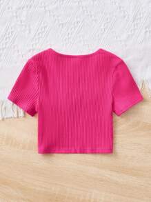 SHEIN 小女童蝴蝶和字母水鑽細節條紋針織T恤 - 玫紅色 - 查看 2