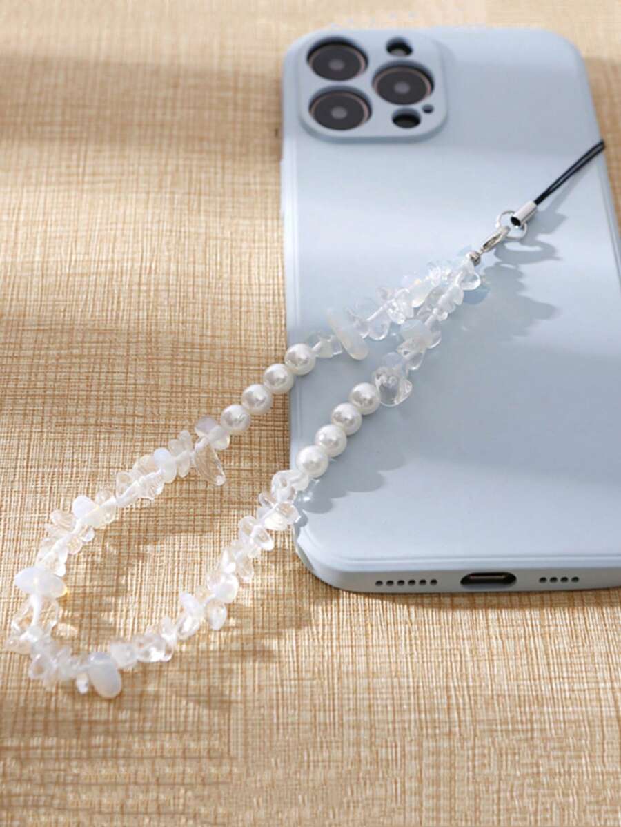 1pc Stone Decor Beaded Phone Lanyard - White - View 1