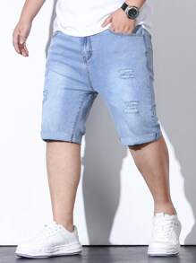 Manfinity Homme Hombres Shorts mezclilla bermuda algodón desgarro crudo con bolsillo oblicuo - Lavado ligero - Ver 1