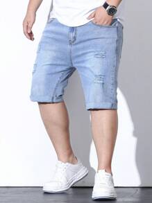 Manfinity Homme Hombres Shorts mezclilla bermuda algodón desgarro crudo con bolsillo oblicuo - Lavado ligero - Ver 3