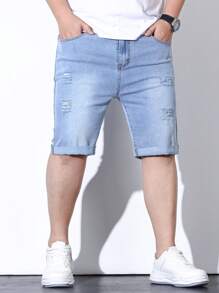 Manfinity Homme Hombres Shorts mezclilla bermuda algodón desgarro crudo con bolsillo oblicuo - Lavado ligero - Ver 4