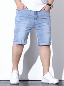 Manfinity Homme Hombres Shorts mezclilla bermuda algodón desgarro crudo con bolsillo oblicuo - Lavado ligero - Ver 5