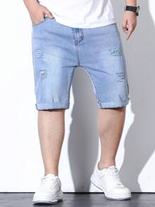 Manfinity Homme Hombres Shorts mezclilla bermuda algodón desgarro crudo con bolsillo oblicuo - Lavado ligero - Ver 6