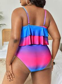 SHEIN Swim Curve 加大码渐变色荷叶边下摆比基尼夏季海滩 - 彩色 - 查看 2