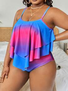 SHEIN Swim Curve 加大码渐变色荷叶边下摆比基尼夏季海滩 - 彩色 - 查看 3