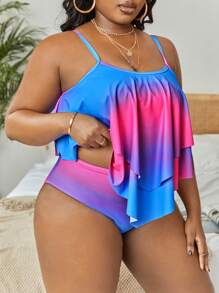 SHEIN Swim Curve 加大码渐变色荷叶边下摆比基尼夏季海滩 - 彩色 - 查看 4