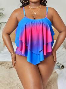 SHEIN Swim Curve 加大码渐变色荷叶边下摆比基尼夏季海滩 - 彩色 - 查看 5