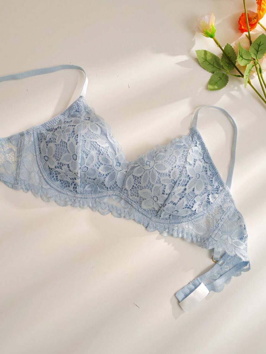 Floral Lace Scallop Trim Bralet - Baby Blue - View 1