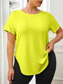 Yoga Trendy Plus Solid Curved Hem Sports Tee - Yellow - View 2