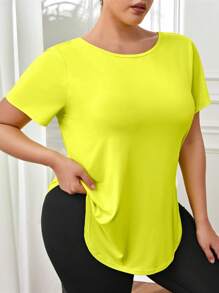 Yoga Trendy Plus Solid Curved Hem Sports Tee - Yellow - View 4