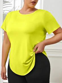 Yoga Trendy Plus Solid Curved Hem Sports Tee - Yellow - View 5