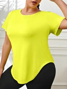 Yoga Trendy Plus Solid Curved Hem Sports Tee - Yellow - View 6