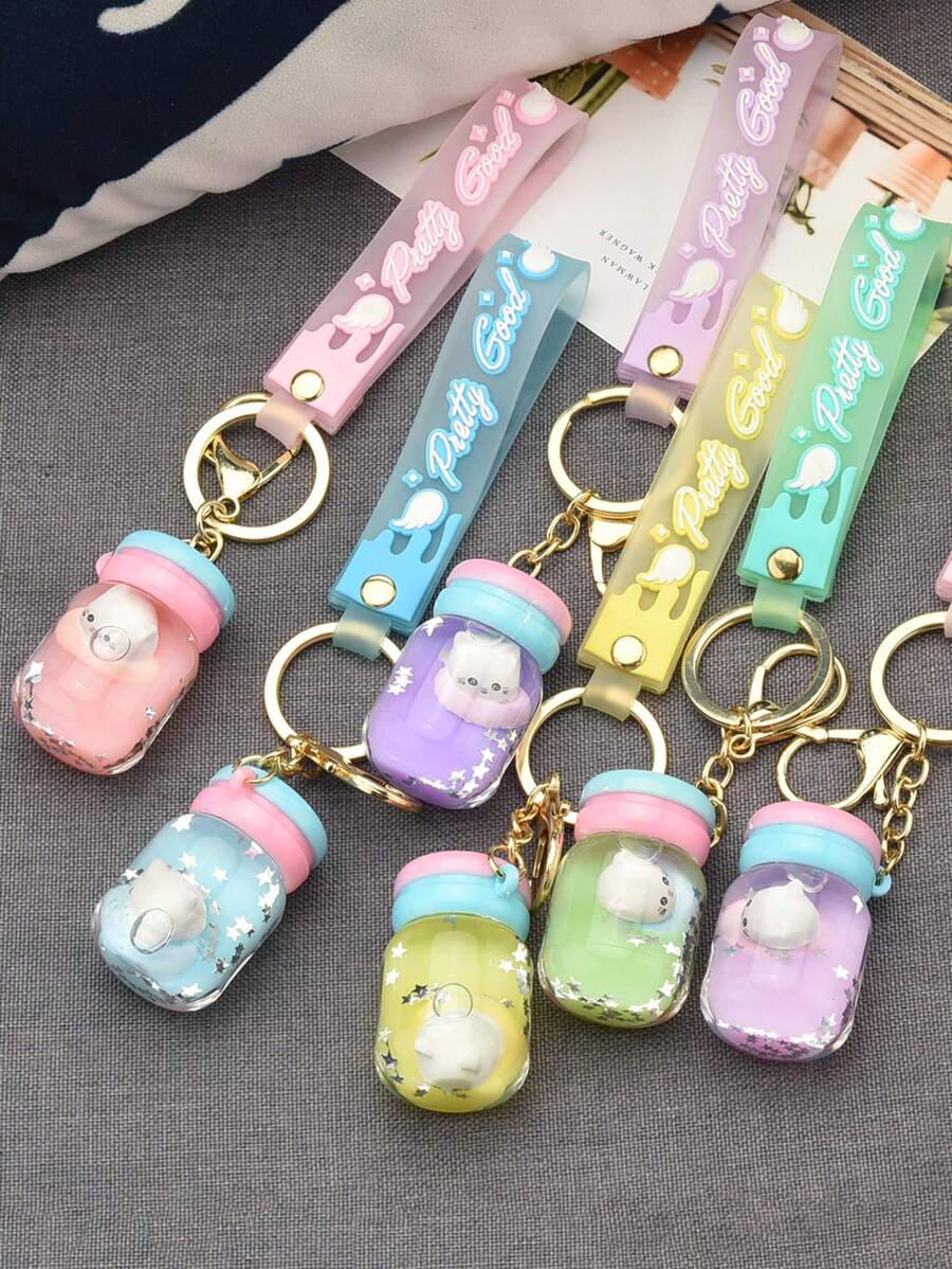 1入組女士隨機翅膀和字母圖案貓和瓶子裝飾可愛鑰匙圈適用於禮品 - 紫色 - 查看 1