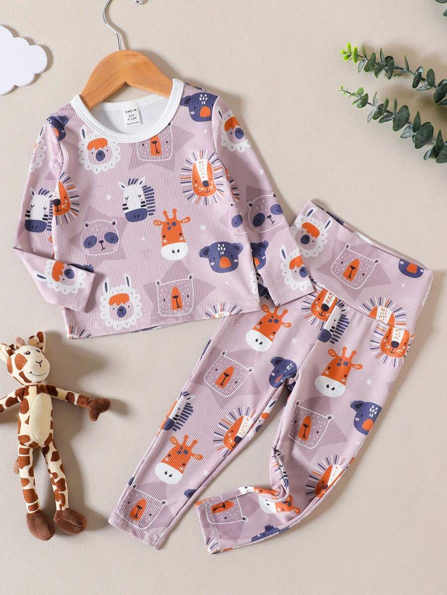 SHEIN Baby Boy Cartoon Graphic Contrast Trim Snug Fit PJ Set - Mauve Purple - View 1