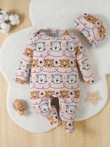 男嬰卡通圖案包腳連體睡衣 - 棕色 - 查看 1