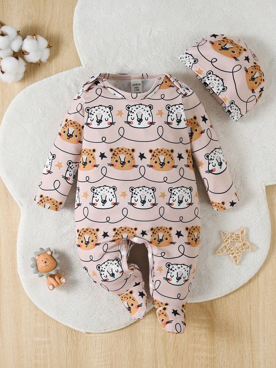 男嬰卡通圖案包腳連體睡衣 - 棕色 - 查看 1