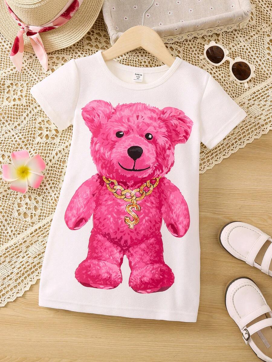 SHEIN 小女童小熊印花T恤連衣裙 - 白色 - 查看 1