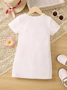 SHEIN 小女童小熊印花T恤連衣裙 - 白色 - 查看 2