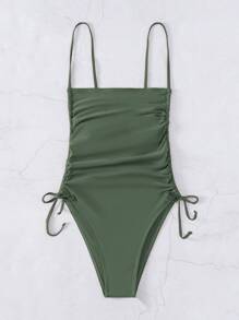 SHEIN Swim Summer Beach Drawstring Side High Cut One Piece Swimsuit - Army Green - View 4