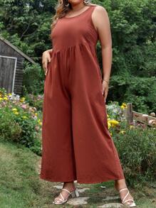 SHEIN LUNE 大碼素色斜口袋闊腿連體褲 - 鏽棕色 - 查看 3