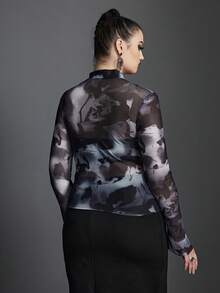 Top de tie dye fruncido lateral bajo asimétrico de malla - Negro - Ver 2