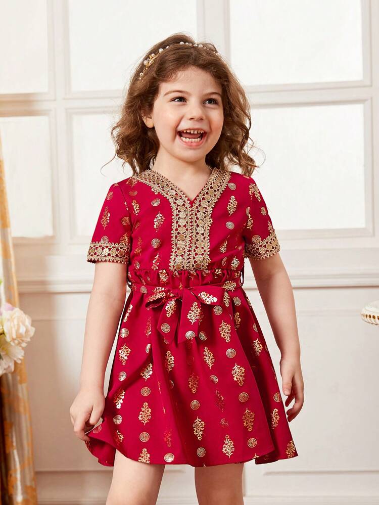 Young Girl Plants Print Contrast Guipure Lace Belted Dress