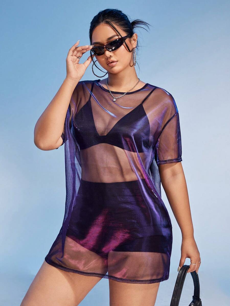 SHEIN ICON Plus Drop Shoulder Mesh Dress Without Lingerie Set, Summer - Purple - View 1