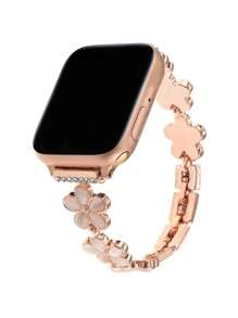 1pc Rhinestone Decor Flower Design Apple Watch Band Compatible With Apple Watch 38mm 40mm 41mm 42mm 44mm 45mm 49mm WristBand Replacement Strap Compatible With Apple Watch Series 9 8 7 SE 6 5 4 3 2 1 Valentines - Rose Gold - View 3