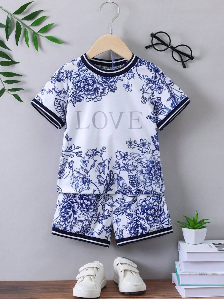 SHEIN 小男孩藍白碎花字母休閒圓領短袖兩件式夏季度假套裝 - 藍白色 - 查看 1