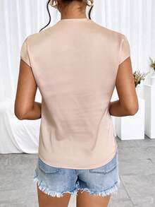 SHEIN Privé Surplice Neck Batwing Sleeve Draped Front Satin Blouse - Champagne - View 3