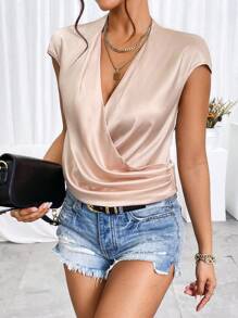 SHEIN Privé Surplice Neck Batwing Sleeve Draped Front Satin Blouse - Champagne - View 1