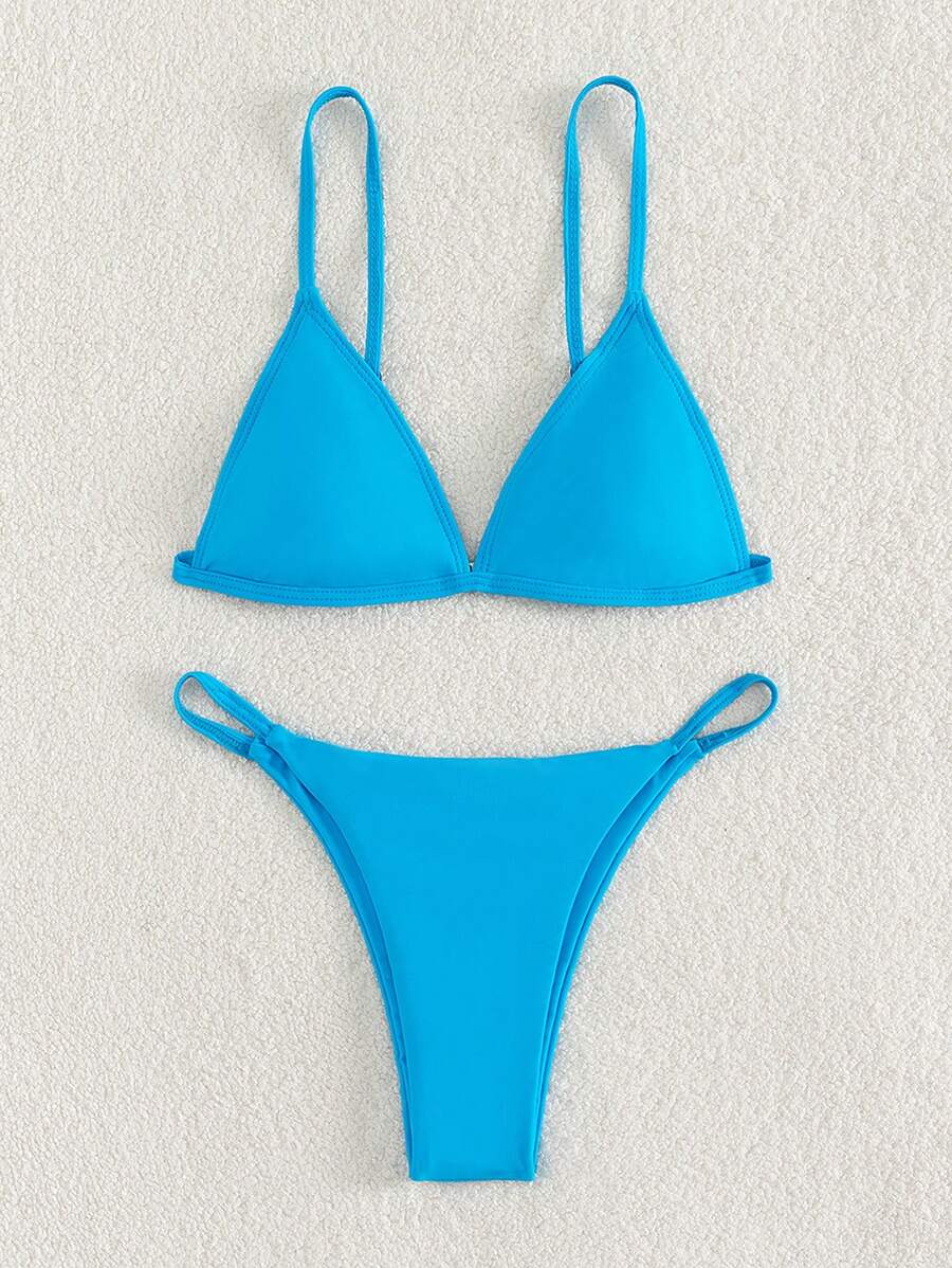 SHEIN Swim Summer Beach Solid Triangle Thong Bikini Set, Vacation Bikini
