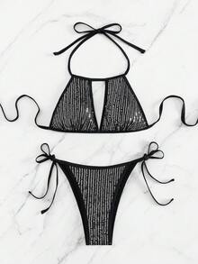 Sequin Halter Tie Side Bikini Set - Black - View 5