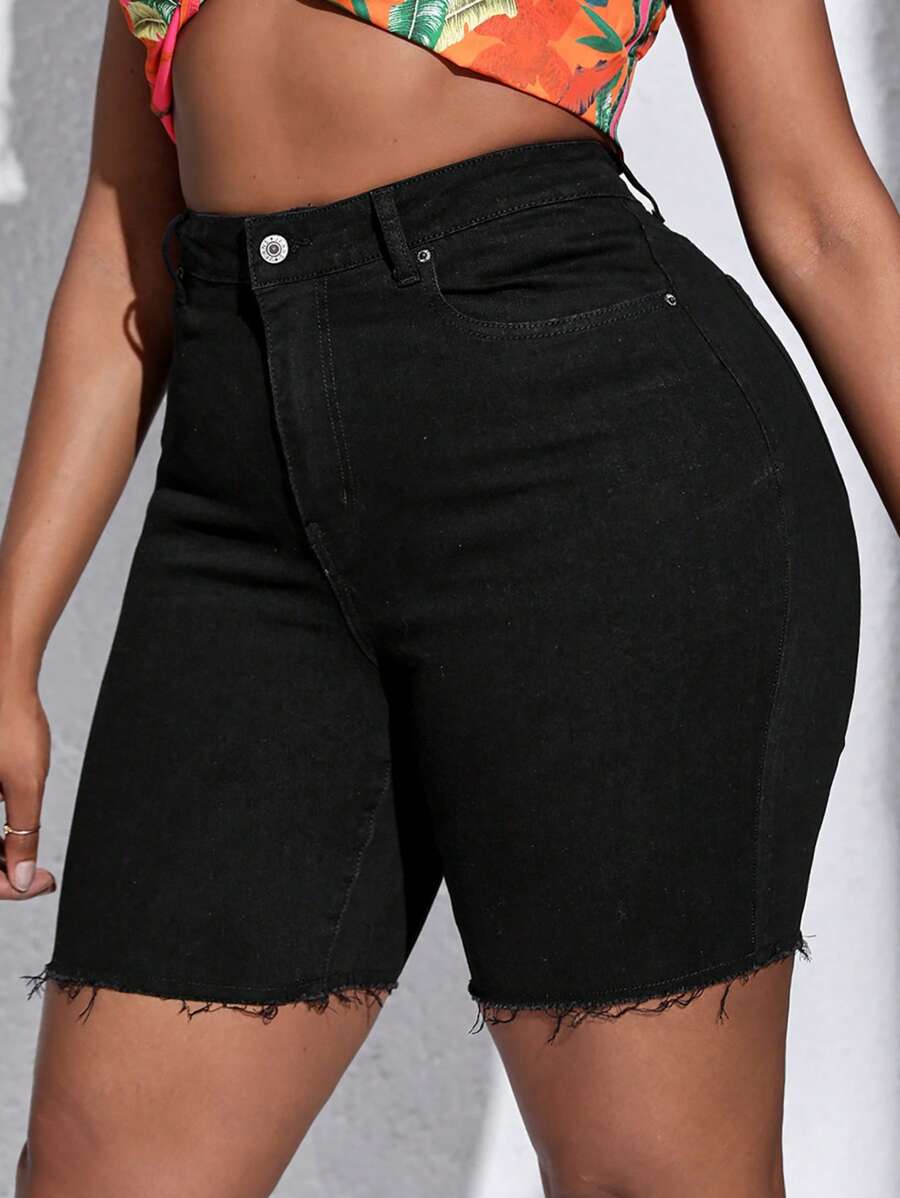 SHEIN SXY Plus High Waist Raw Hem Denim Shorts - Black - View 1
