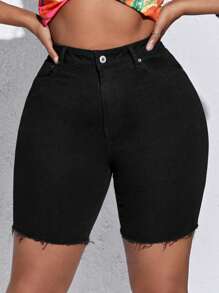 SHEIN SXY Plus High Waist Raw Hem Denim Shorts - Black - View 5
