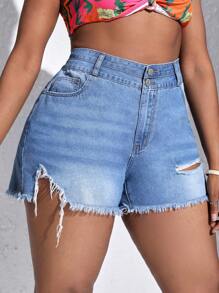 SHEIN SXY Plus Ripped Raw Hem Denim Shorts - Light Wash - View 1