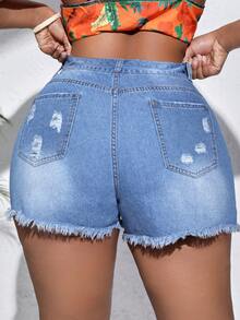 SHEIN SXY Plus Ripped Raw Hem Denim Shorts - Light Wash - View 2
