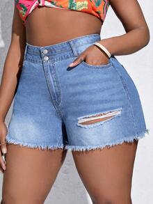 SHEIN SXY Plus Ripped Raw Hem Denim Shorts - Light Wash - View 5