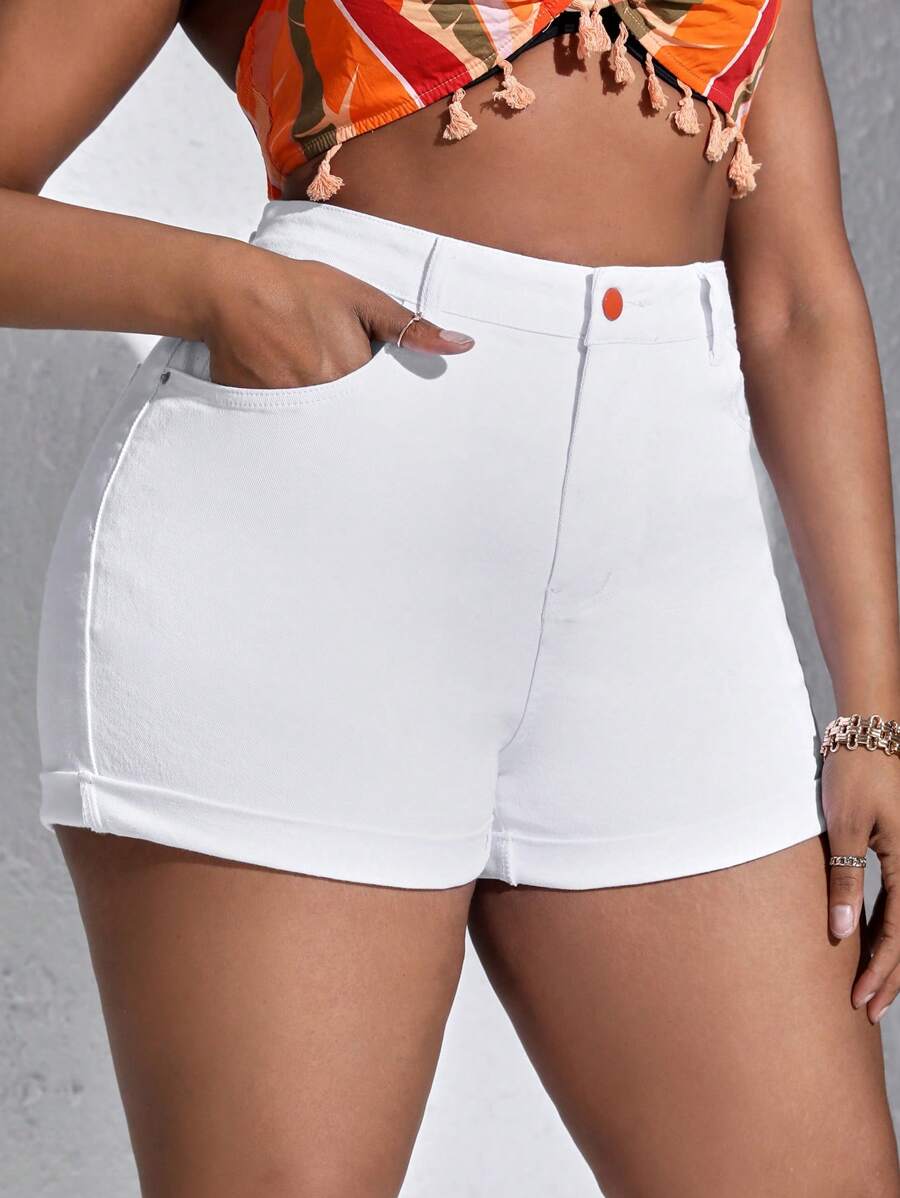SHEIN SXY 大碼高腰卷邊牛仔短褲 - 白色 - 查看 1