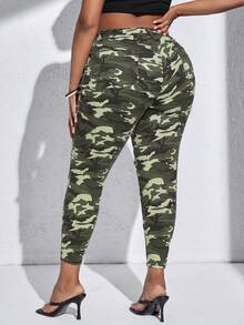 SHEIN SXY Quần Denim kích thước lớn Túi Bị tách Dây kéo Ngụy trang - xanh quân đội - Xem 2