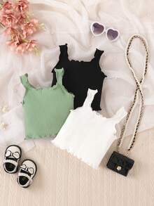 Baby 3pcs Lettuce Trim Ribbed Knit Tank Top - Multicolor - View 2