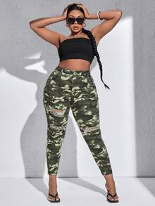 SHEIN SXY Quần Denim kích thước lớn Túi Bị tách Dây kéo Ngụy trang - xanh quân đội - Xem 5