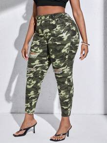 SHEIN SXY Quần Denim kích thước lớn Túi Bị tách Dây kéo Ngụy trang - xanh quân đội - Xem 1