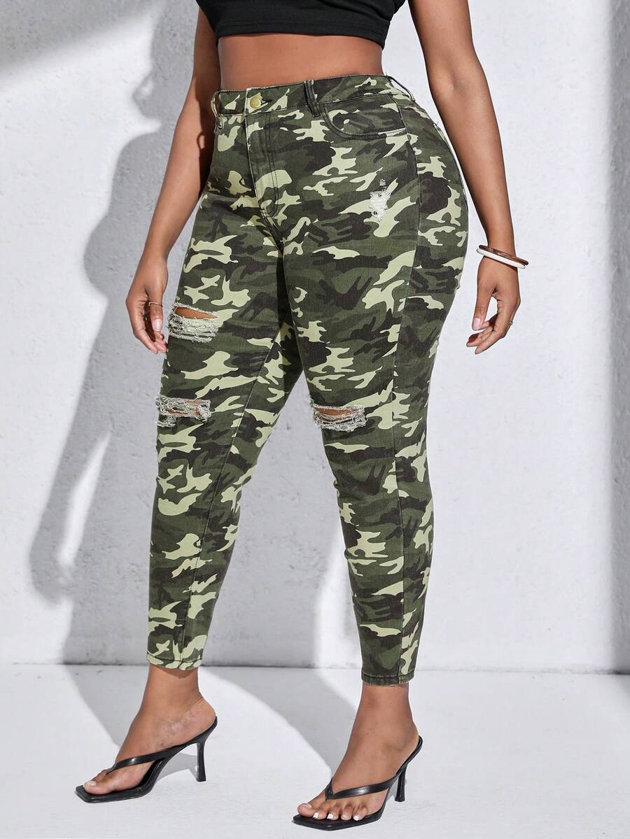 SHEIN SXY Quần Denim kích thước lớn Túi Bị tách Dây kéo Ngụy trang - xanh quân đội - Xem 1