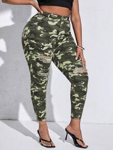 SHEIN SXY Quần Denim kích thước lớn Túi Bị tách Dây kéo Ngụy trang - xanh quân đội - Xem 3