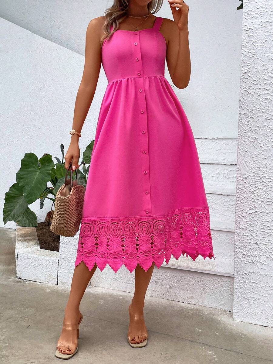 Breezaya Guipure Lace Panel Button Front Cami Dress - Hot Pink - View 1