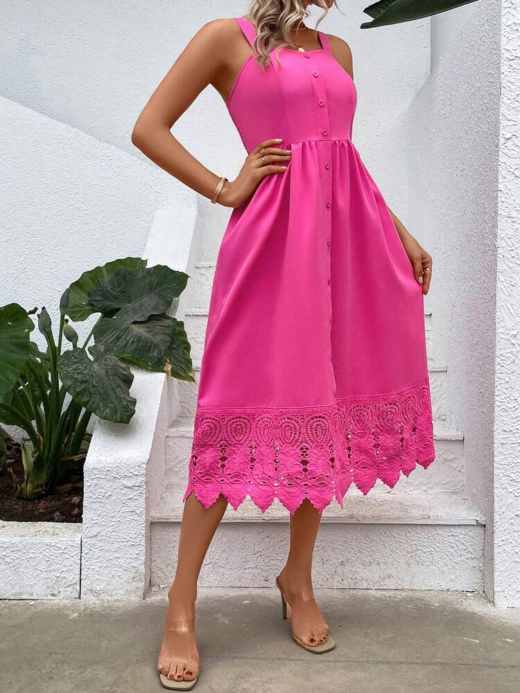 Breezaya 拼接水溶蕾絲前紐扣吊帶連衣裙 - 玫紅色 - 查看 5